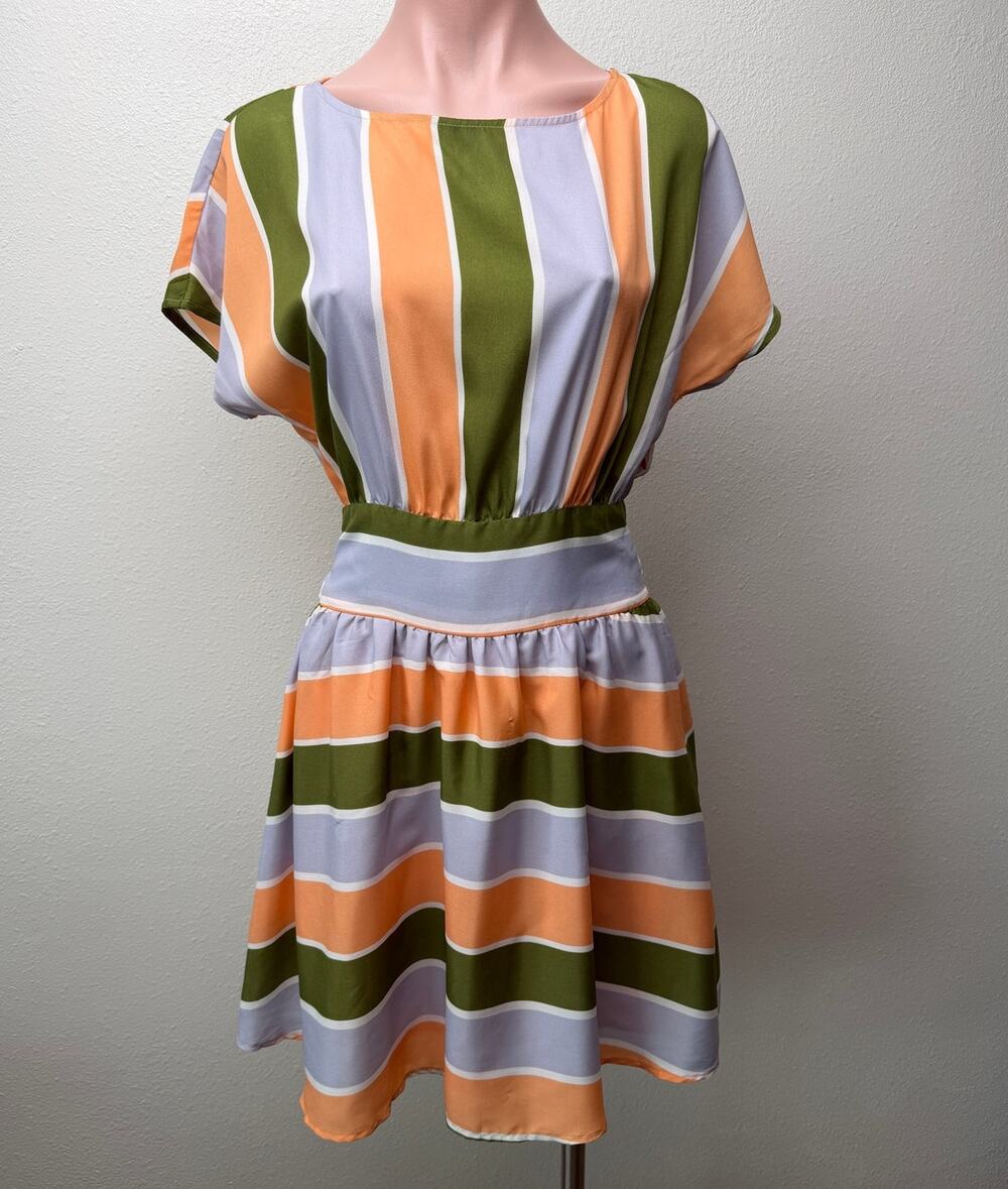 Bar III Front Row Striped Belted Fit & Flare Dress Peach Green Lilac Sz S